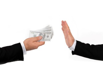 Businessman refuses to take the bribe. Concept of the fight against corruption - isolated on white