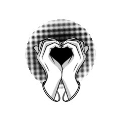 Black and white vector illustration of a love sign with hands. Graphic design for logotype, sticker isolated from background. Symbol of love on a white background
