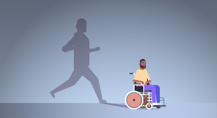 disabled african american guy on wheelchair dreaming about recovery shadow of healthy man running imagination aspiration concept male cartoon character full length flat horizontal