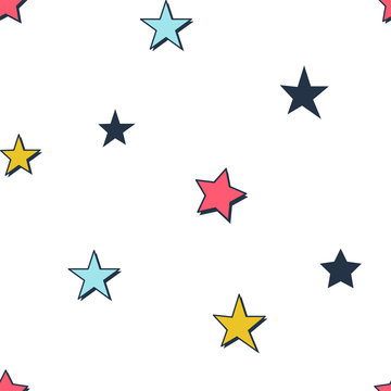 Colorful stars hand drawn cartoon seamless pattern. Children comic book decorative texture. Multicolor childish constellation on white background. Wallpaper, wrapping paper, textile design