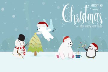 cute funny christmas charactor snowman and animals in party eps10 vector illustration