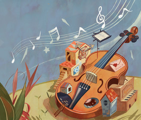 Magic, fantasy, fantasy, dreams, imagination, fairy tales, myths, children, literature and art, illustrations, cello, musical instruments, music, performance, music score, notes, illustrations,