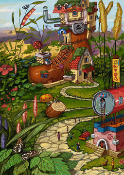 Streets, gardens, magic, fantasy, fantasy, fantasy, dream, imagination, fairy tales, myths, children, literature and art, illustrations, parks, plants, manors, butterflies, dog tail grass, Little Man,