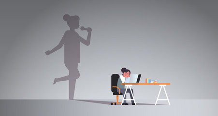 Fototapeta premium woman sitting at workplace using laptop shadow of singer holding microphone and singing imagination aspiration concept female cartoon character flat horizontal full length