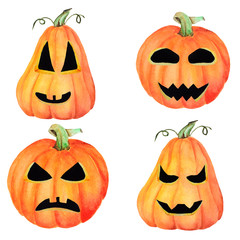 A set of Halloween pumpkin Jack, isolated object on the white background, watercolor hand drawn illustration, cartoon characte