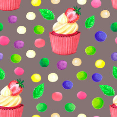 pattern of watercolor colored dots cupcake with strawberry