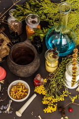 Halloween concept. Alchemy laboratory of the witch