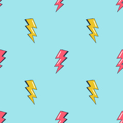 Lightning bolts vector cartoon seamless pattern. Children comic book decorative texture. Red and yellow thunderbolts on blue background. Childish wallpaper, wrapping paper, textile design
