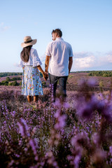 young couple visiting the blooming Heather field Posbank Veluwezoom in the Netherlands, purpple hills with blooming flowers