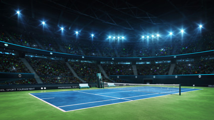 Blue tennis court and illuminated indoor arena with fans, court view, professional tennis sport 3d illustration background © LeArchitecto