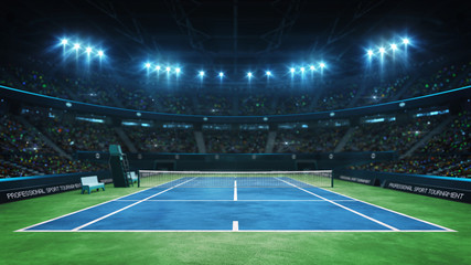 Blue tennis court and illuminated indoor arena with fans, upper front view, professional tennis sport 3d illustration background - obrazy, fototapety, plakaty