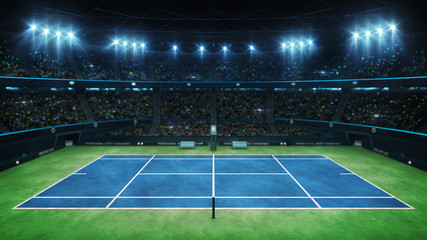 Blue tennis court and illuminated indoor arena with fans, upper side view, professional tennis sport 3d illustration background - obrazy, fototapety, plakaty