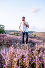 young men visit the Posbank blooming Heather fields, guy walking in blooming Heather field Veluwezoom