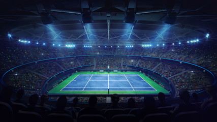 Modern tennis arena illuminated by spotlights, blue court and fans, upper side view, professional tennis sport 3d illustration background © LeArchitecto