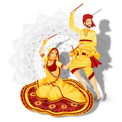 Illustration of couple in dandiya dance pose on white mandala floral background.
