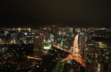 Street views from Tokyo Tower by night, in Japan