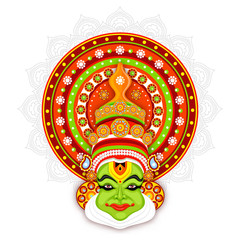 Illustration of Kathakali dancer face on mandala pattern background.