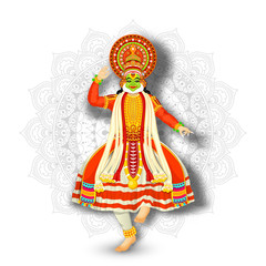 Illustration of Kathakali Dancer performing on white mandala pattern background.