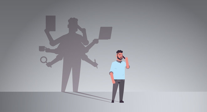busy businessman talking on phone shadow of business man with many hands multitasking overworked concept male cartoon character standing pose full length flat horizontal