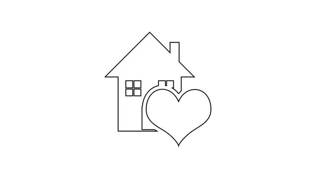 Black House with heart shape line icon on white background. Love home symbol. Family, real estate and realty. 4K Video motion graphic animation
