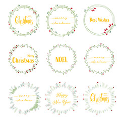 golden merry christmas calligraphy in green wreath collection