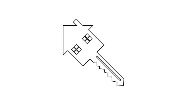 Black House with key line icon on white background. The concept of the house turnkey. 4K Video motion graphic animation