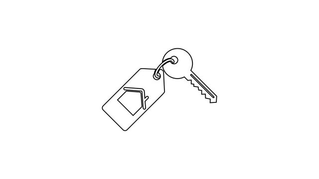 Black House with key line icon on white background. The concept of the house turnkey. 4K Video motion graphic animation