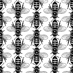 Graphic seamless pattern of realistic drawn honey bees