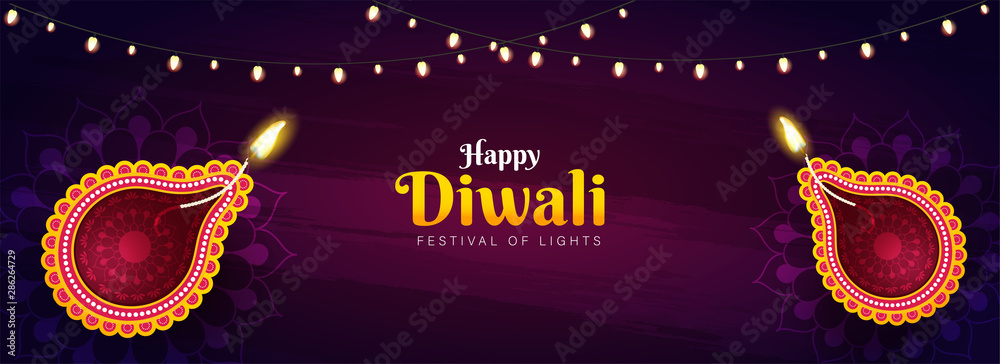 Wall mural happy diwali celebration header or banner design with top view of illuminated oil lamps (diya) and l