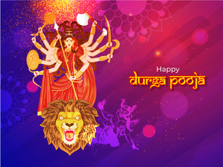 Happy Durga Pooja celebration banner or poster design with illustration of Hindu Mythological Goddess Durga on shiny abstract background.