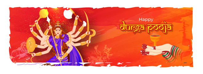 Creative header or banner design with illustration of Goddess Durga and woman hand holding dhunuchi dhoop for Happy Durga Puja celebration concept.