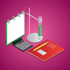 Isometric illustration of notebook with lab clamp stand, calculator and pencil on pink background.
