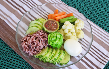 Shrimp-paste and Chilis sauce (Thia name is Naam Prig GapiDip)  with mixed  boiled vegetables and egg Served with brown rice set