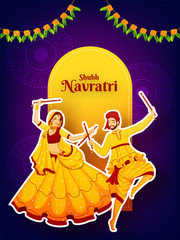 Sticker style character of couple dancing with dandiya stick on purple mandala flowers background for Shubh Navratri festival celebration poster or card design.