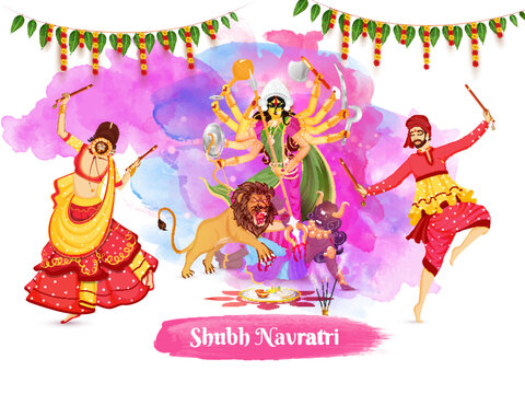 Illustration of couple dancing with dandiya stick in front of Goddess Durga Maa on occasion of Subh Navratri concept. Can be used as poster or banner design.