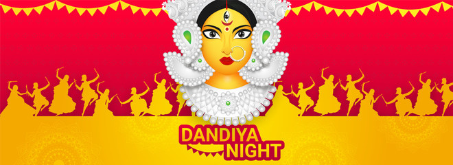 Obraz na płótnie Canvas Dandiya Night header or banner design with illustration of Goddess Durga Maa and people dandiya dance on red and yellow background.