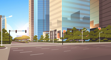 beautifil city street asphalt road with traffic light high skyscrapers modern cityscape background flat horizontal closeup © mast3r