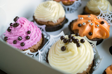 Homemade cupcakes with cream. on dark background.