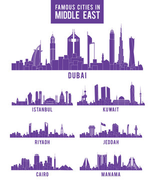 Set Of Cities In Middle East Famous Buildings. Editable Vector Illustration