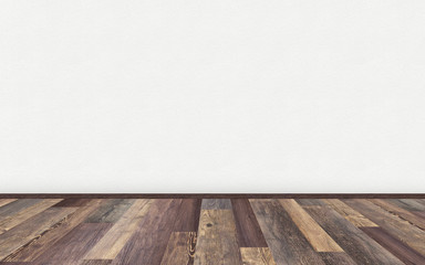 Mockup of empty living room with brown vintage oak wooden floor and blank white painted wall. 3D rendering illustration of empty living space room for design interior.