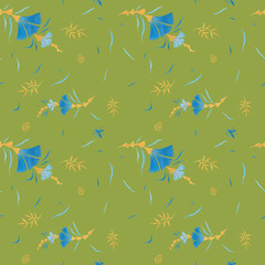 Tea green modern illustration plate decoration. Tea rose and clematis natural petals. Varicolored feminine fabric design. Renaissance flower art. Floral seamless pattern for Mediterranean decor