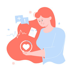 Girl character holds heart. Women Health. Icons for consultation, prescription doctor, heartbeat.