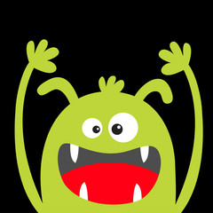 Fototapeta premium Monster head green silhouette. Happy Halloween. Two eyes, ears, teeth fang, tongue, hands up . Cute cartoon kawaii funny character. Baby kids collection. Flat design. Black background.