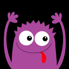 Monster head violet silhouette. Happy Halloween. Two eyes, hair, showing tongue, hands up. Cute cartoon kawaii funny character. Baby kids collection. Flat design. Black background. Vector illustration