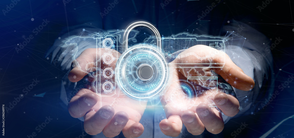 Poster man holding a padlock security technology interface 3d rendering