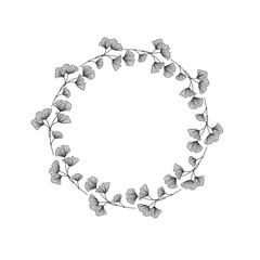 Hand drawn ginkgo biloba wreath on white background