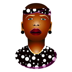 Silhouette of an african woman in a massive headdress. Print in peas. White circles. half face
