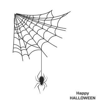 Black silhouette of spider on web. Halloween party. Isolated image of poison insect