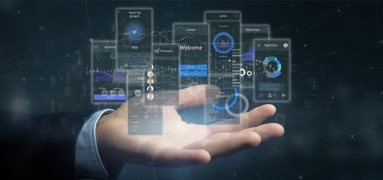 Businessman holding User interface screens with icon, stats and data 3d rendering
