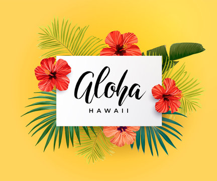 Fototapeta Tropical vector design with green palm leaves, hibiscus flowers, pineapples and hand drawn Aloha inscription. Summer hawaiian illustration.